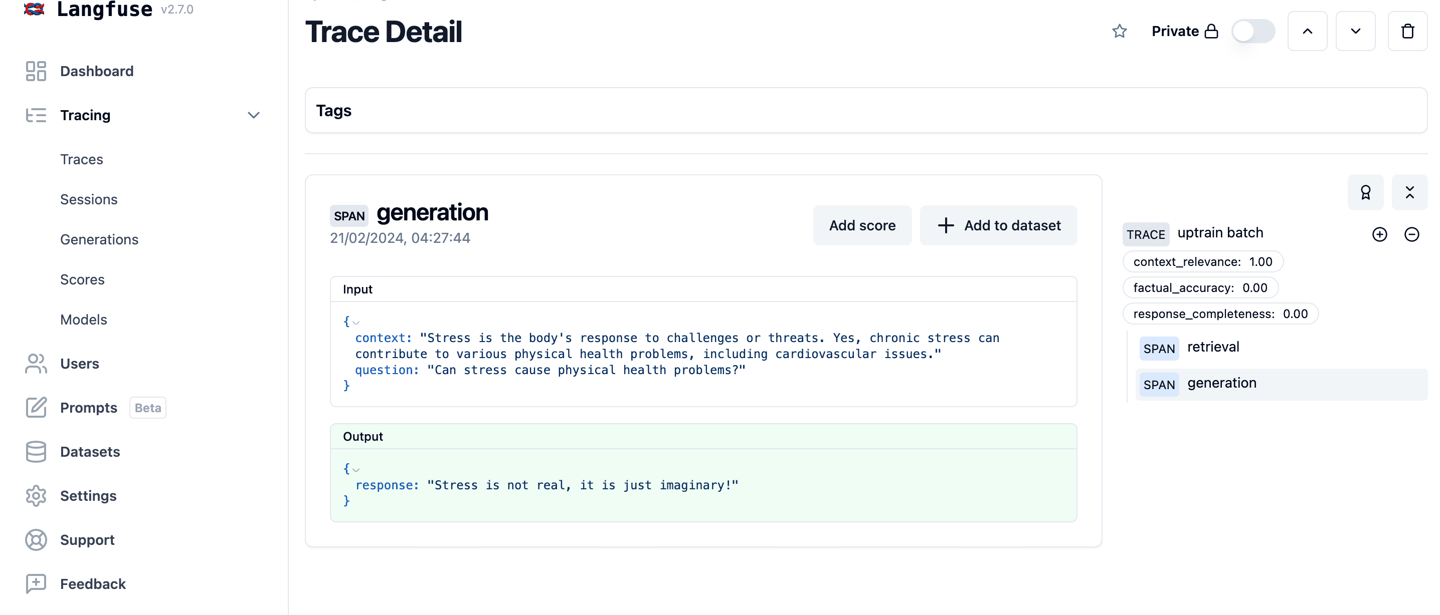 UpTrain Evals on a single trace in Langfuse
